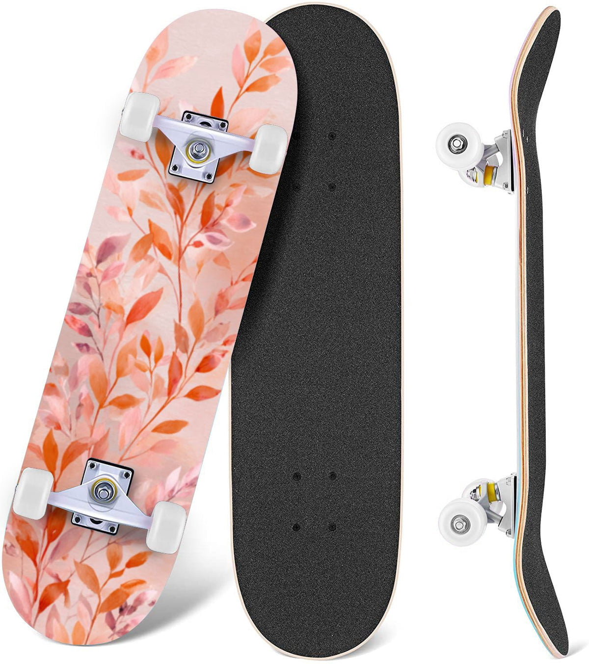 Autumn Forest Camouflage Oak Leaves Tree Branches 31" x 8" Complete Skateboard, 7-Ply Canadian Maple Double Kick Trick Board for Kids and Beginners Adult Gifts