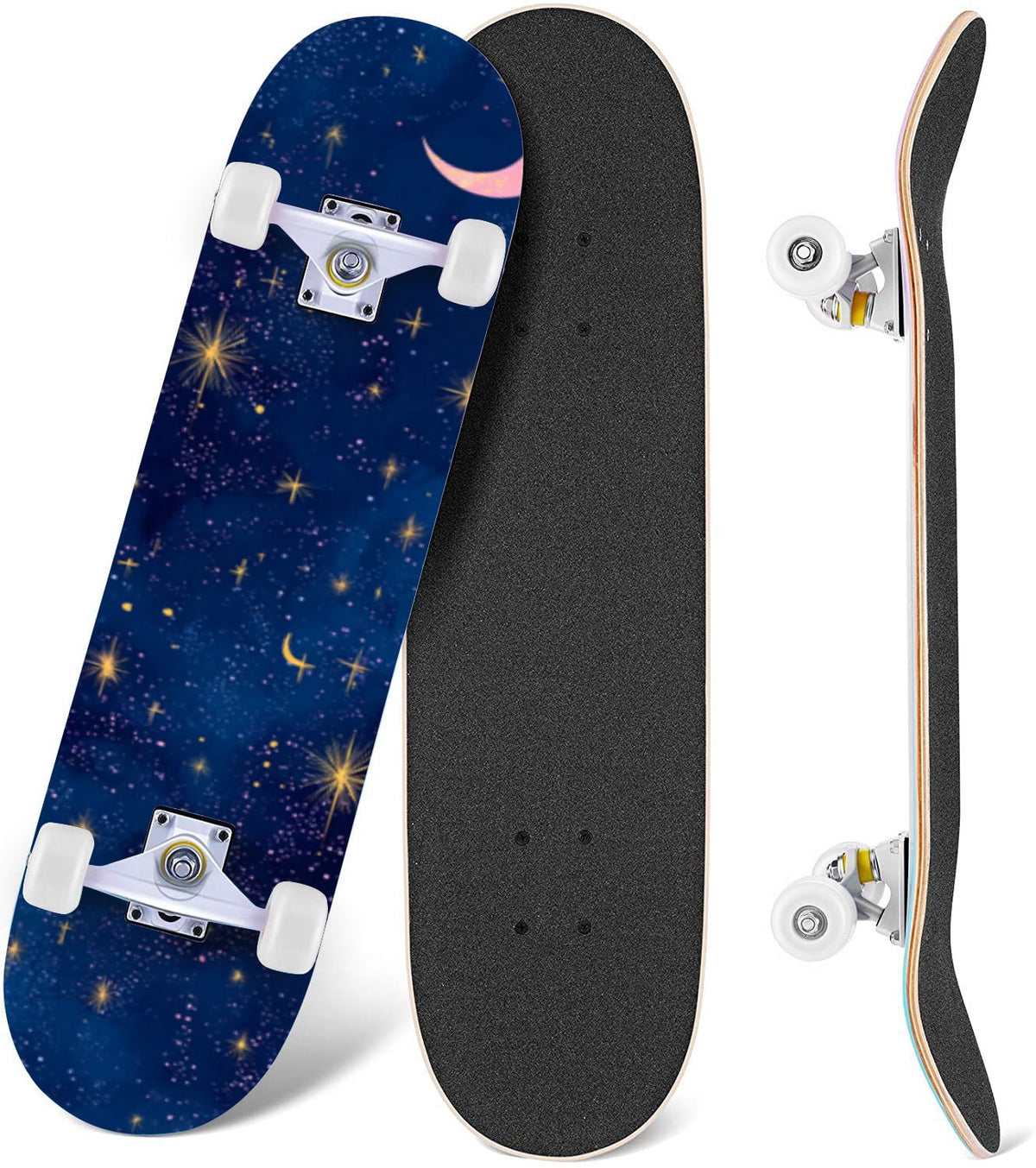 Vibrant Purple Blue Cosmic Galaxy Stars Nebula Clouds 31" x 8" Complete Skateboard, 7-Ply Canadian Maple Double Kick Trick Board for Kids and Beginners Adult Gifts