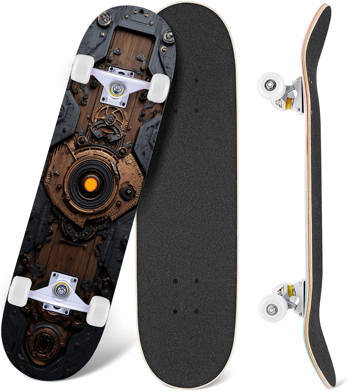 Glowing Futuristic Cubic Tunnel Metallic Tiles Bright Light 31" x 8" Complete Skateboard, 7-Ply Canadian Maple Double Kick Trick Board for Kids and Beginners Adult Gifts