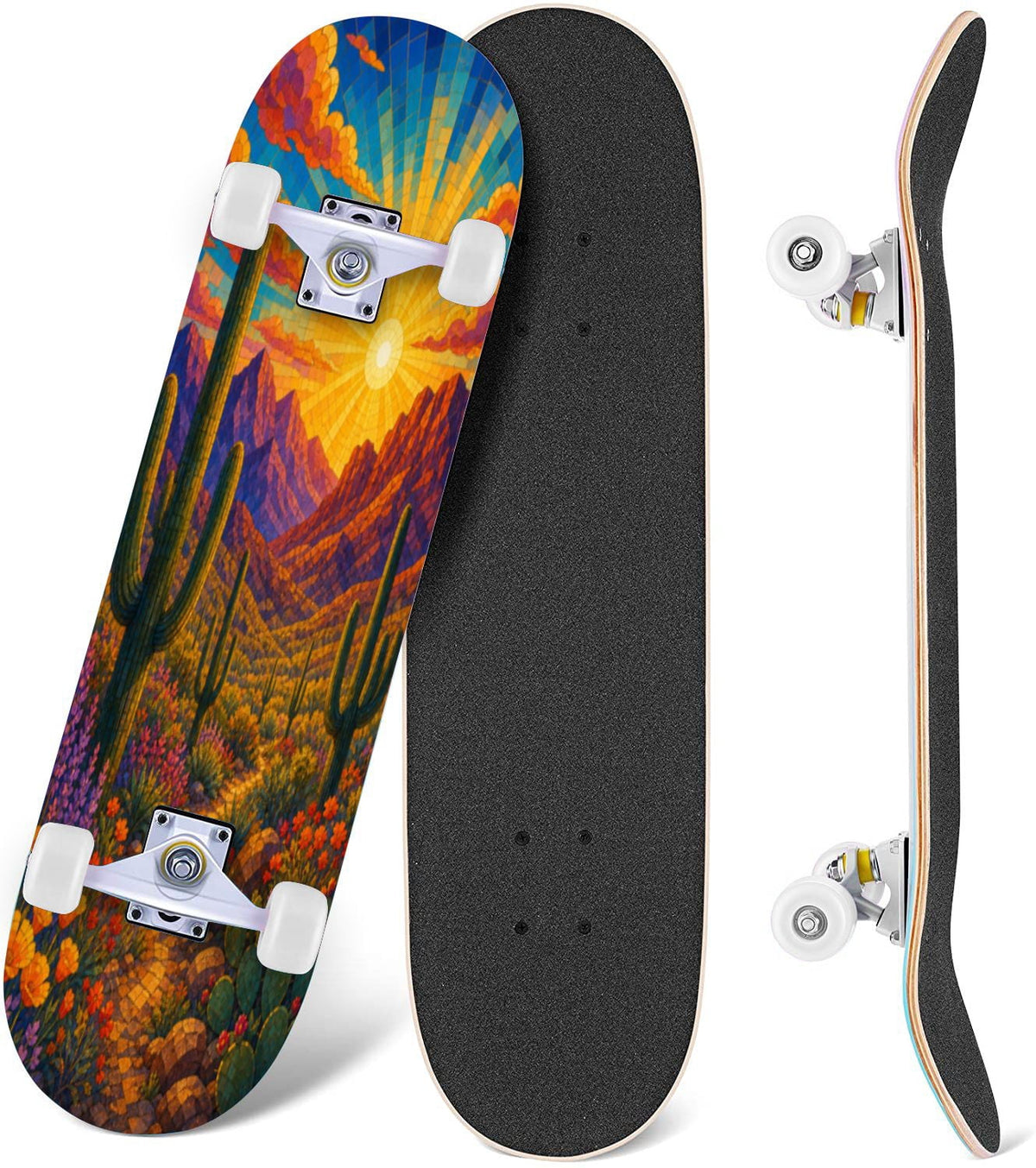 3D Nude Visual Effect Yellowish Brown Layered Chrysanthemum 31" x 8" Complete Skateboard, 7-Ply Canadian Maple Double Kick Trick Board for Kids and Beginners Adult Gifts