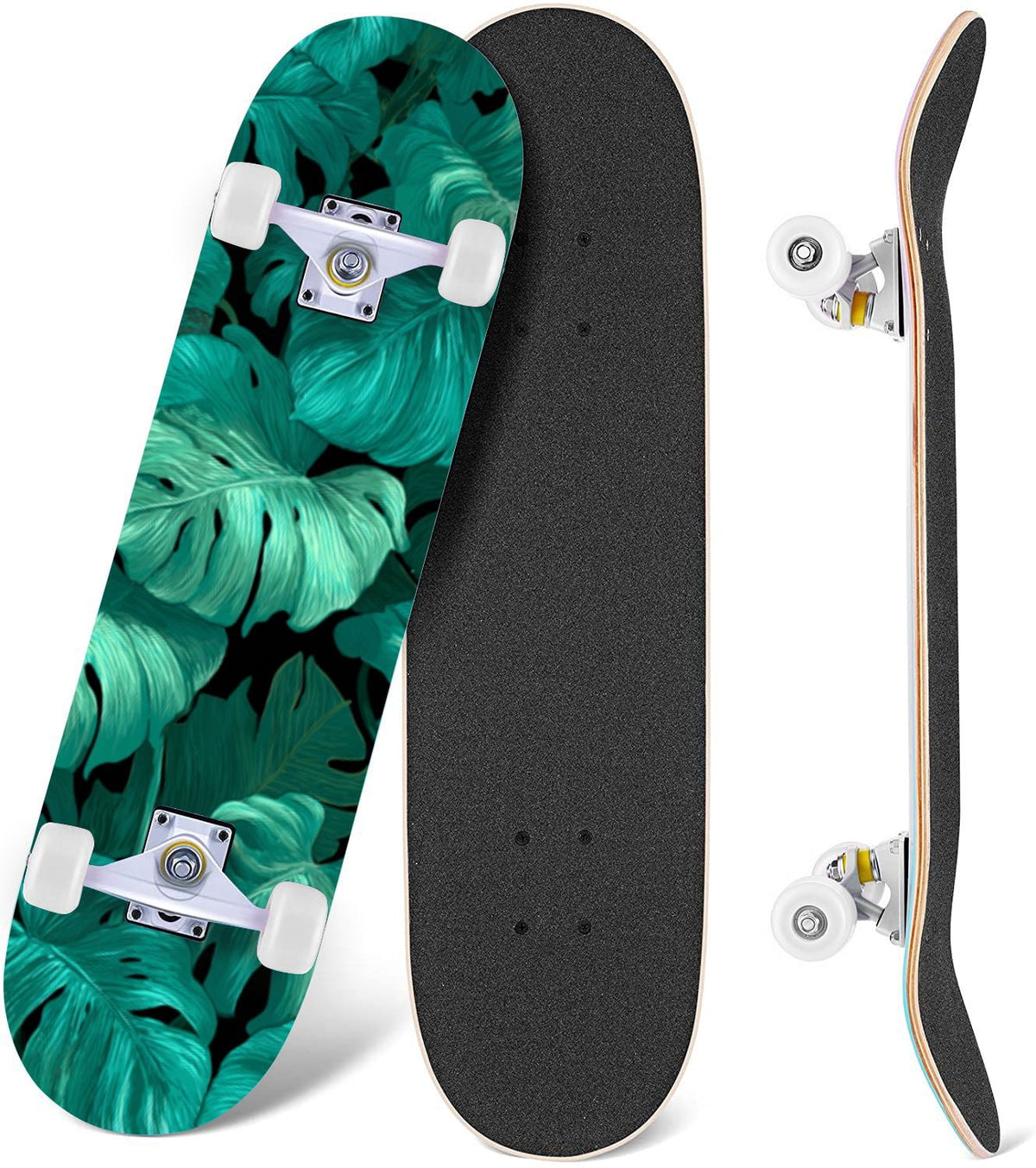 Tropical Jungle Leaf Teal Green Botanical 31" x 8" Complete Skateboard, 7-Ply Canadian Maple Double Kick Trick Board for Kids and Beginners Adult Gifts