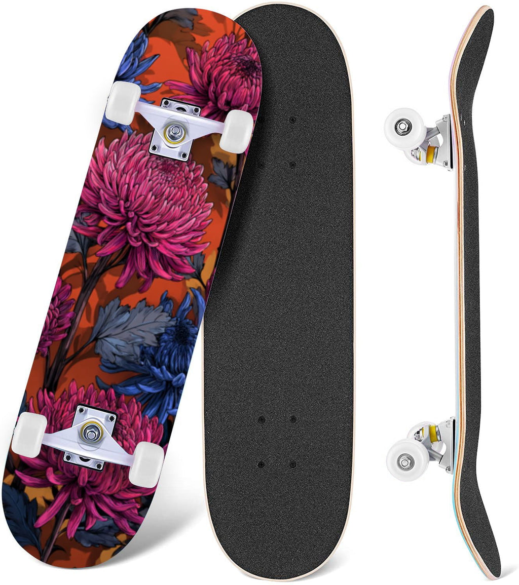 Vibrant Chrysanthemum Floral Bold Pink Purple Blooms 31" x 8" Complete Skateboard, 7-Ply Canadian Maple Double Kick Trick Board for Kids and Beginners Adult Gifts