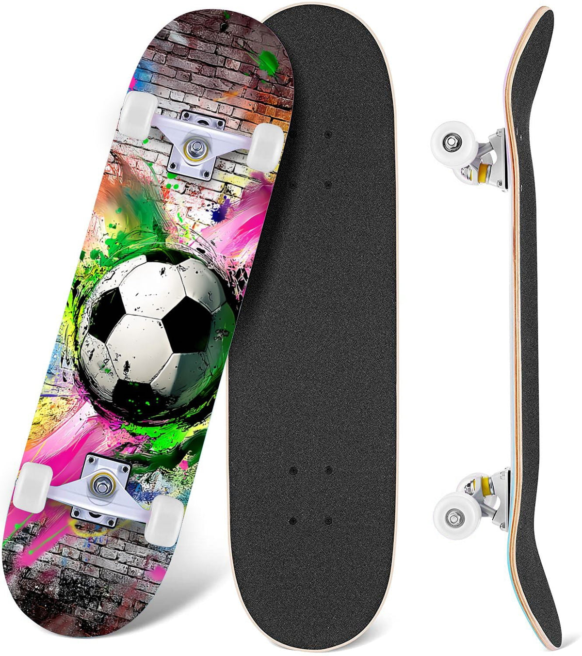 Dynamic Soccer Ball Explosion Energy Effects Stadium 31" x 8" Complete Skateboard, 7-Ply Canadian Maple Double Kick Trick Board for Kids and Beginners Adult Gifts