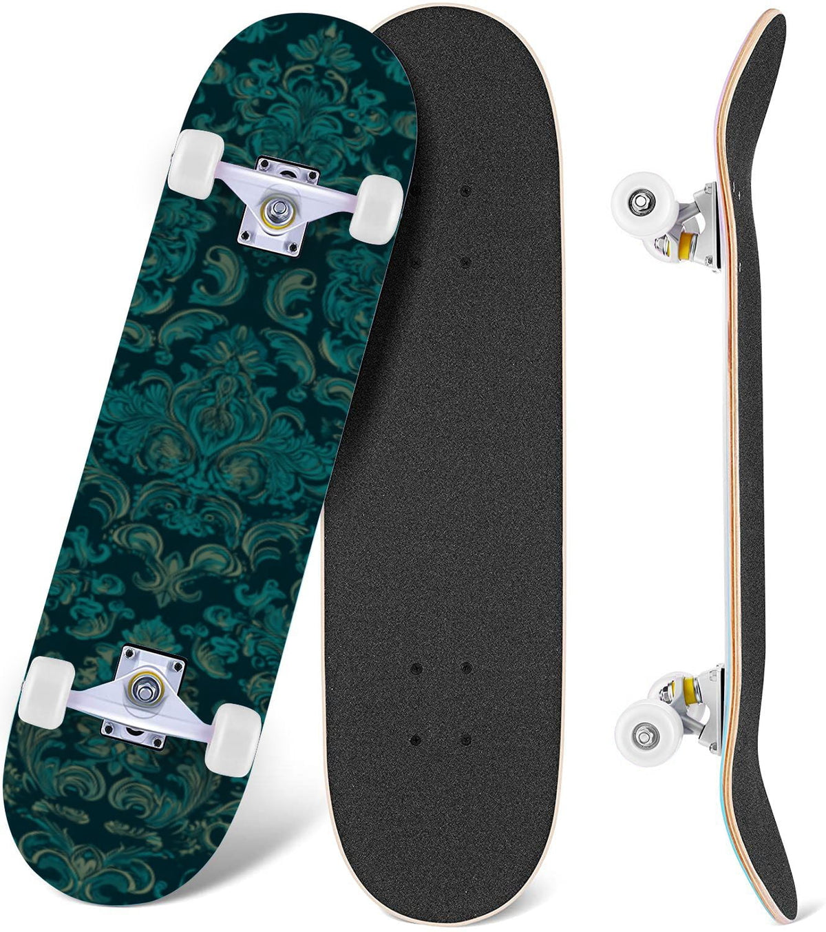 Elegant Purple Damask 31" x 8" Complete Skateboard, 7-Ply Canadian Maple Double Kick Trick Board for Kids and Beginners Adult Gifts