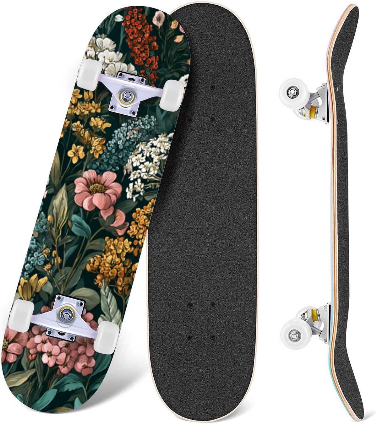 Vibrant Chrysanthemum Floral Bold Pink Purple Blooms 31" x 8" Complete Skateboard, 7-Ply Canadian Maple Double Kick Trick Board for Kids and Beginners Adult Gifts