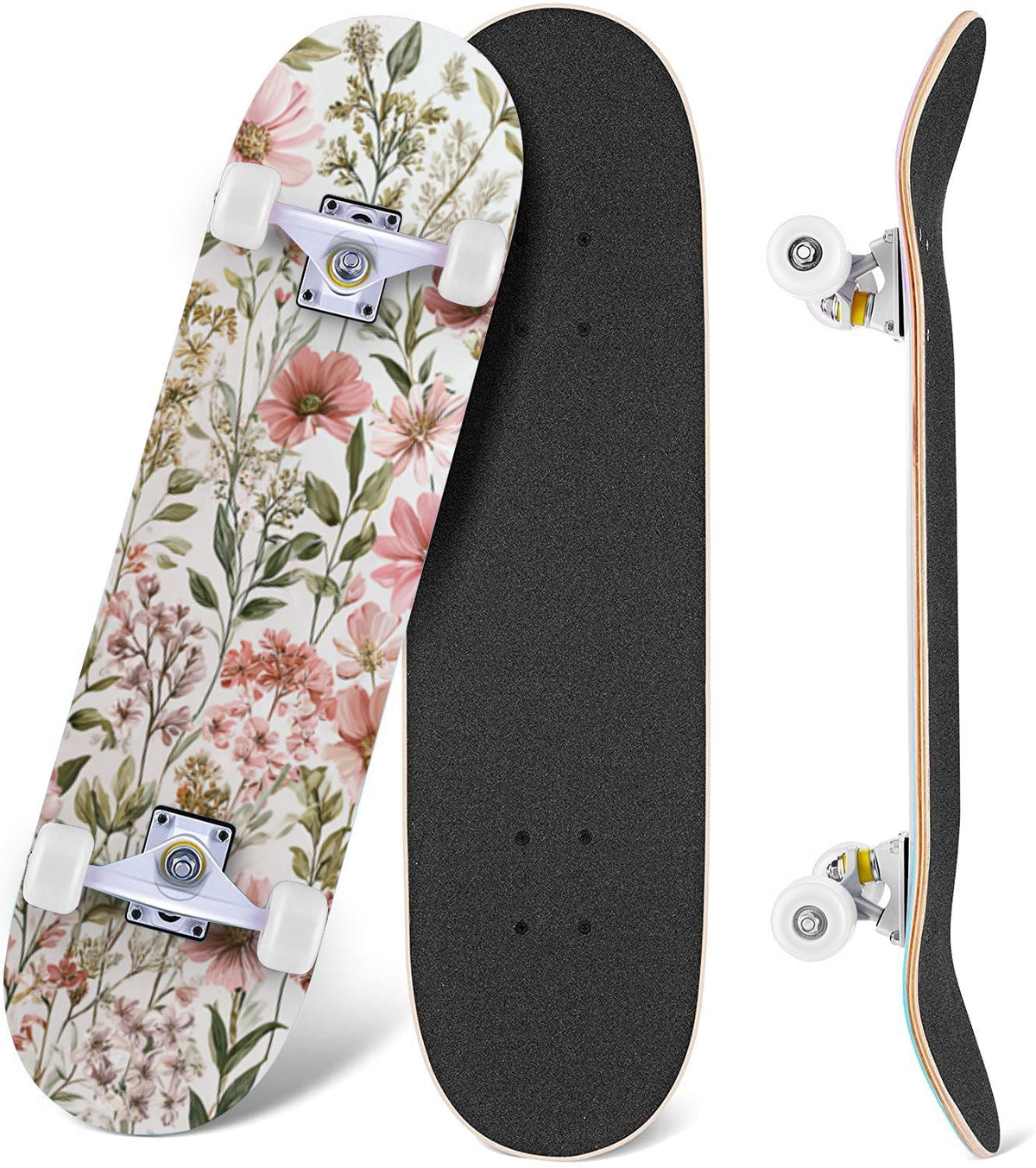 Golden Floral Line Art Seamless 31" x 8" Complete Skateboard, 7-Ply Canadian Maple Double Kick Trick Board for Kids and Beginners Adult Gifts