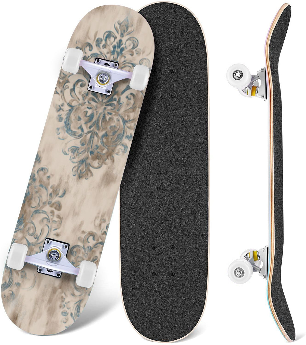 Monstera Leaves Leopard Print Seamless Earth Tones 31" x 8" Complete Skateboard, 7-Ply Canadian Maple Double Kick Trick Board for Kids and Beginners Adult Gifts