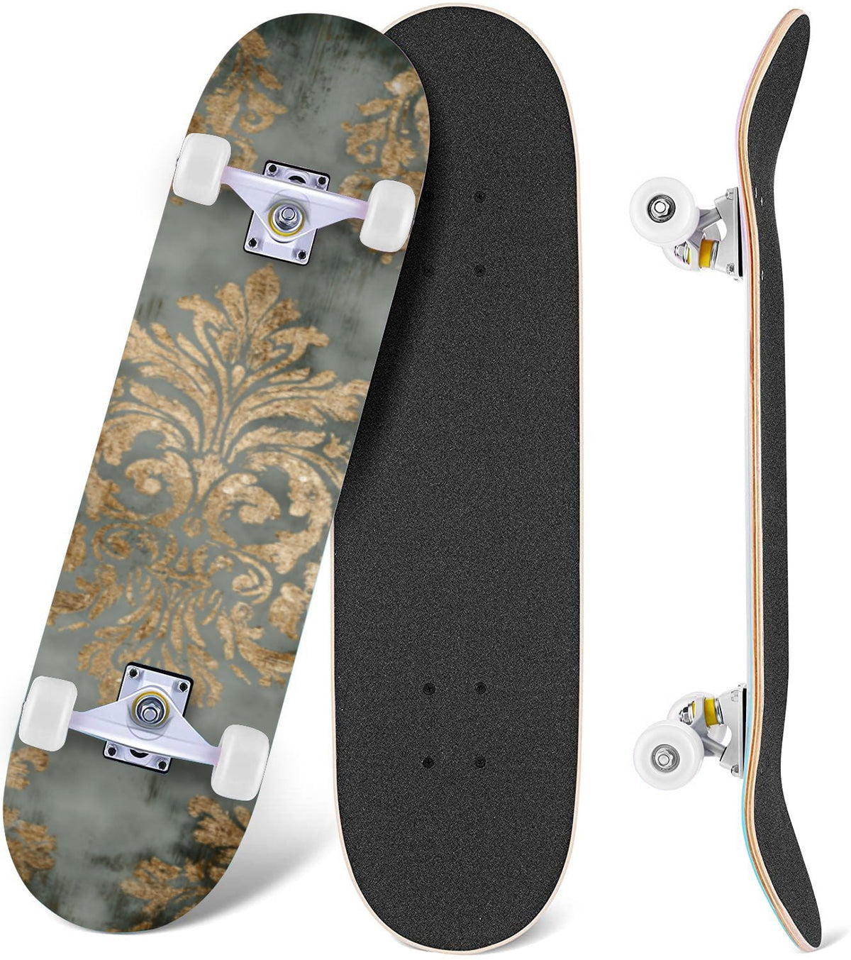 Elegant Purple Damask 31" x 8" Complete Skateboard, 7-Ply Canadian Maple Double Kick Trick Board for Kids and Beginners Adult Gifts