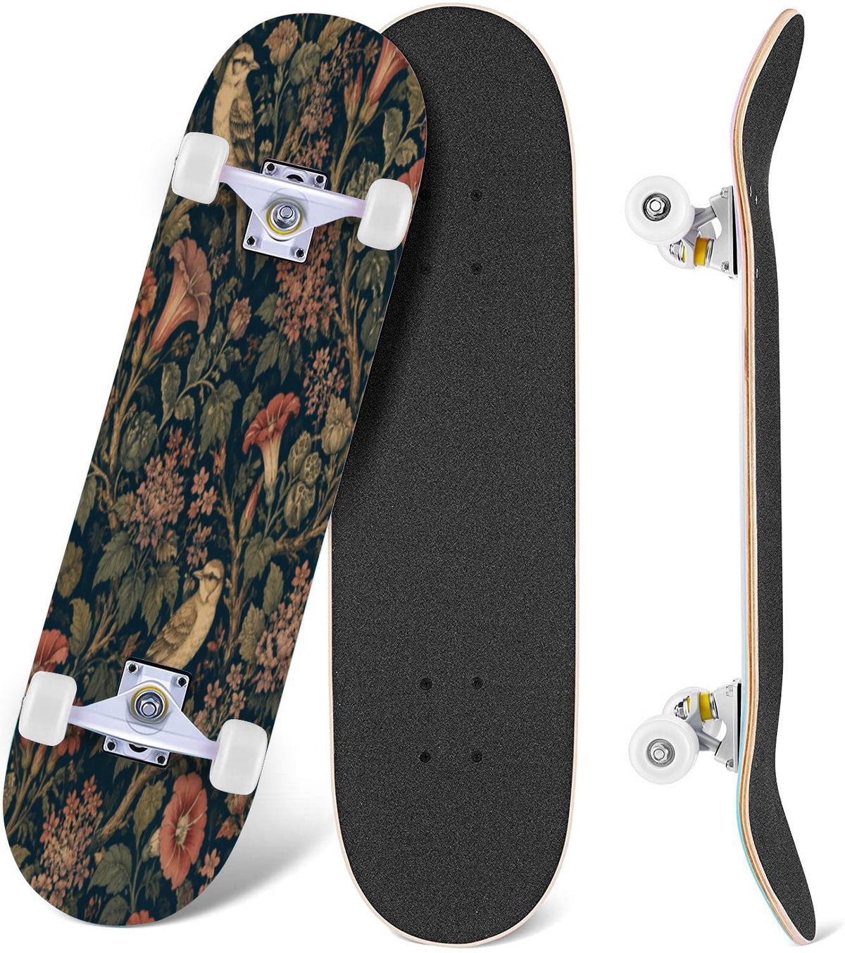 Rose Teal Rose Painting Turquoise Blue Flower Kitchen Decor 31" x 8" Complete Skateboard, 7-Ply Canadian Maple Double Kick Trick Board for Kids and Beginners Adult Gifts