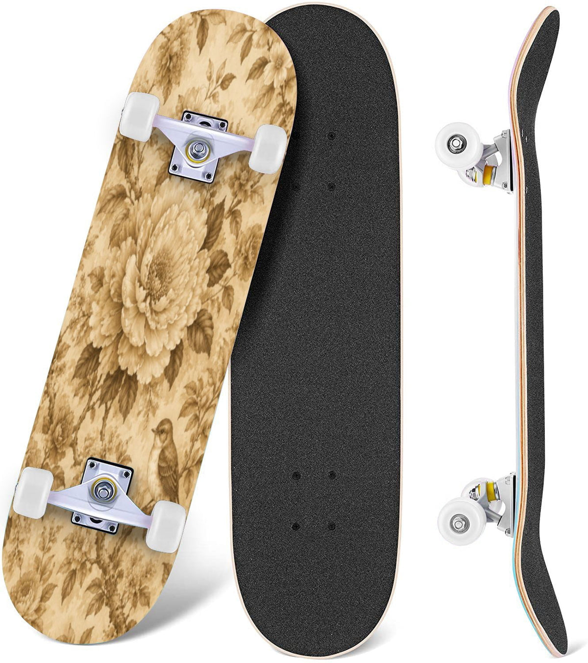 3D Nude Visual Effect Yellowish Brown Layered Chrysanthemum 31" x 8" Complete Skateboard, 7-Ply Canadian Maple Double Kick Trick Board for Kids and Beginners Adult Gifts