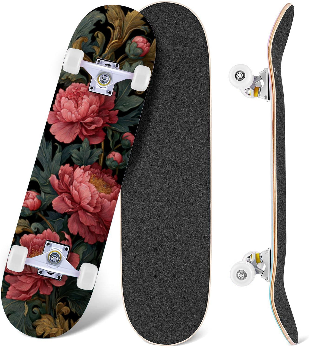 Botanical Birds Lemons Flowers Blue 31" x 8" Complete Skateboard, 7-Ply Canadian Maple Double Kick Trick Board for Kids and Beginners Adult Gifts