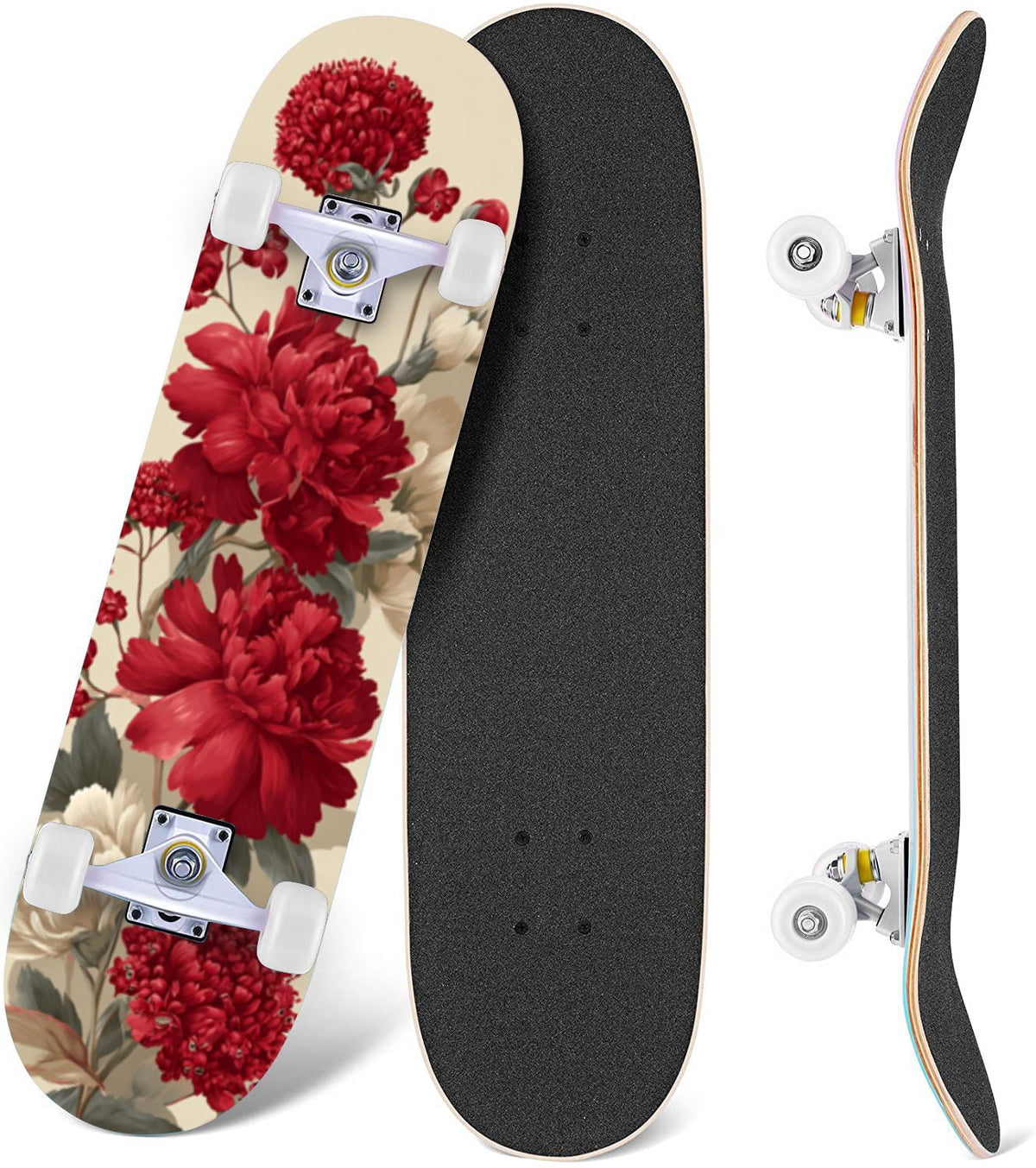 Botanical Birds Lemons Flowers Blue 31" x 8" Complete Skateboard, 7-Ply Canadian Maple Double Kick Trick Board for Kids and Beginners Adult Gifts