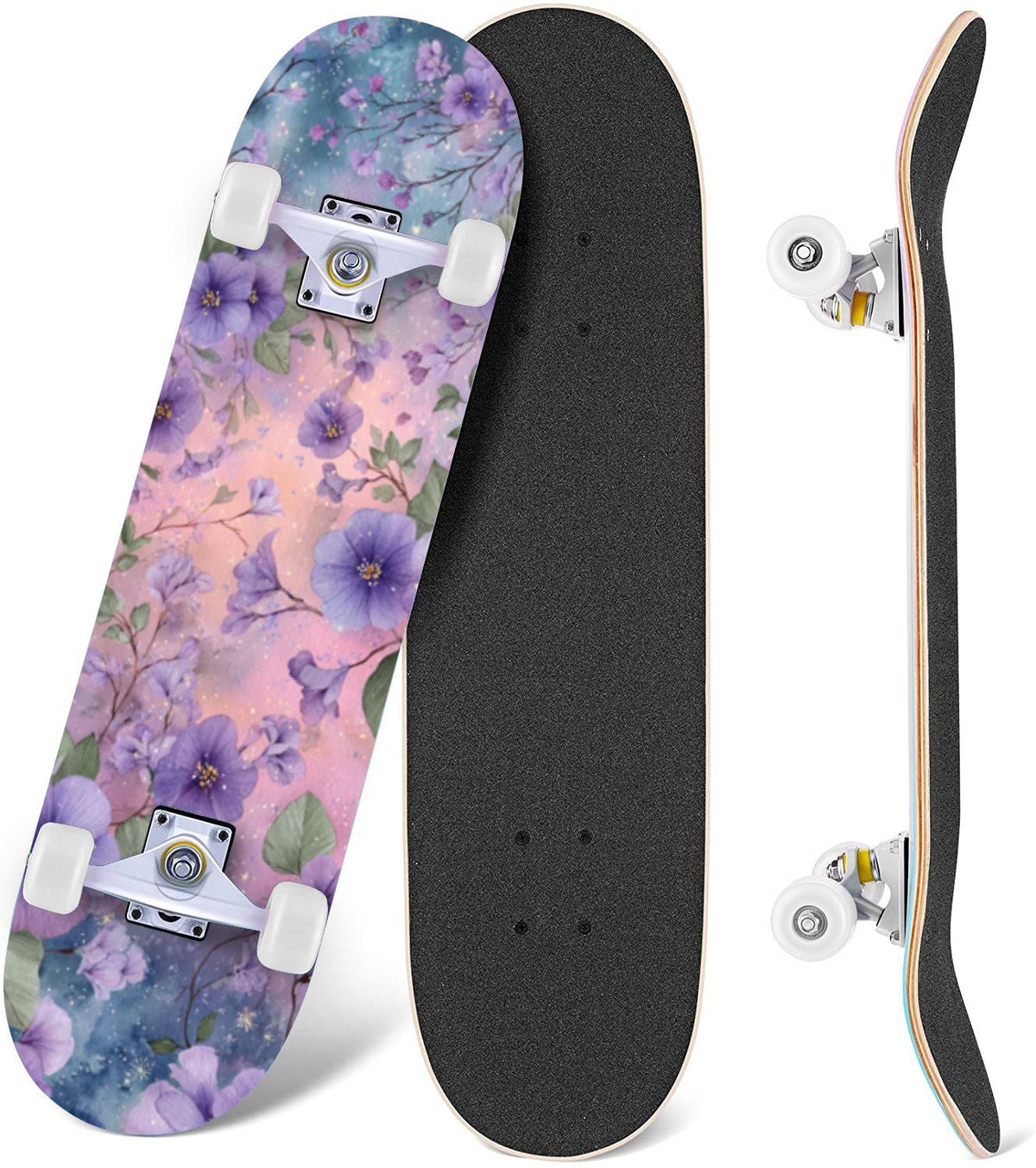 Vintage Floral Bird Sepia Tones 31" x 8" Complete Skateboard, 7-Ply Canadian Maple Double Kick Trick Board for Kids and Beginners Adult Gifts