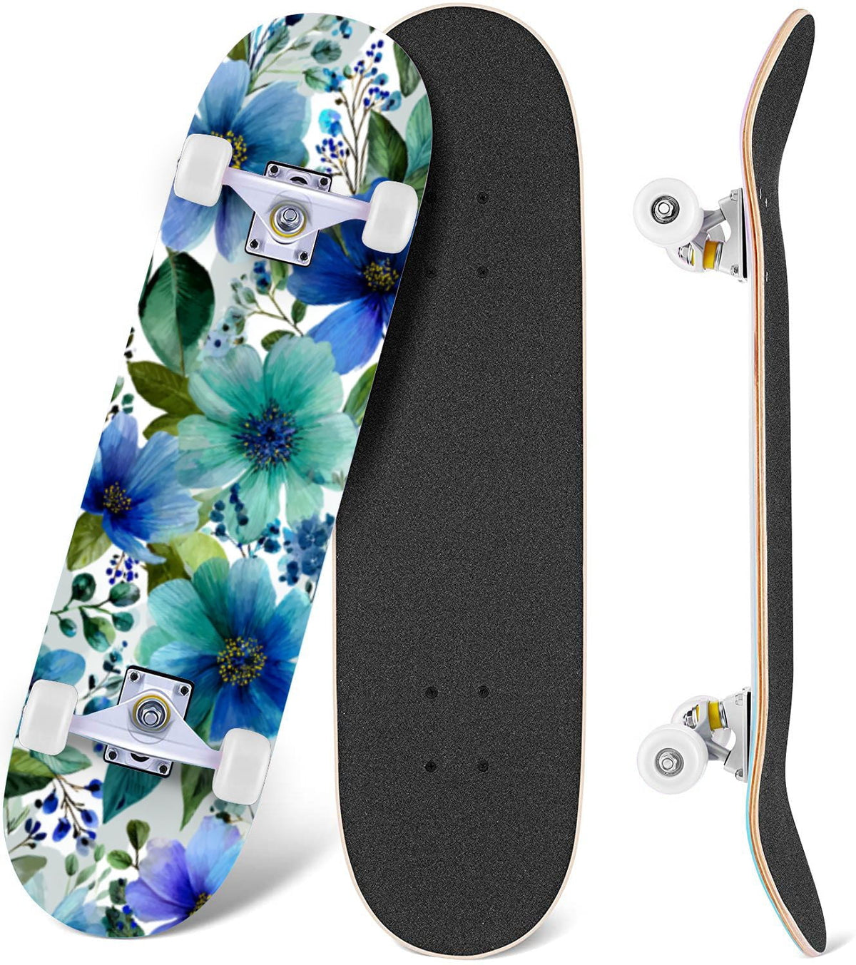 Watercolor Botanical Blue Green Leaves Flowers 31" x 8" Complete Skateboard, 7-Ply Canadian Maple Double Kick Trick Board for Kids and Beginners Adult Gifts