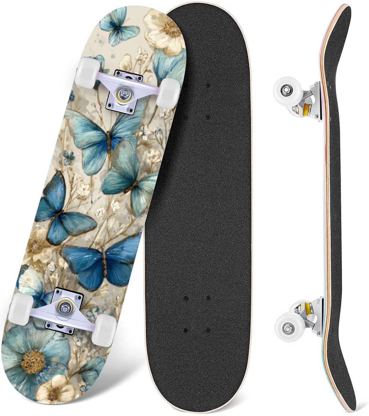 Tropical Jungle Leaf Teal Green Botanical 31" x 8" Complete Skateboard, 7-Ply Canadian Maple Double Kick Trick Board for Kids and Beginners Adult Gifts