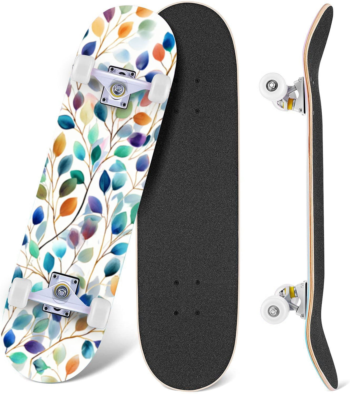 Vibrant Chrysanthemum Floral Bold Pink Purple Blooms 31" x 8" Complete Skateboard, 7-Ply Canadian Maple Double Kick Trick Board for Kids and Beginners Adult Gifts