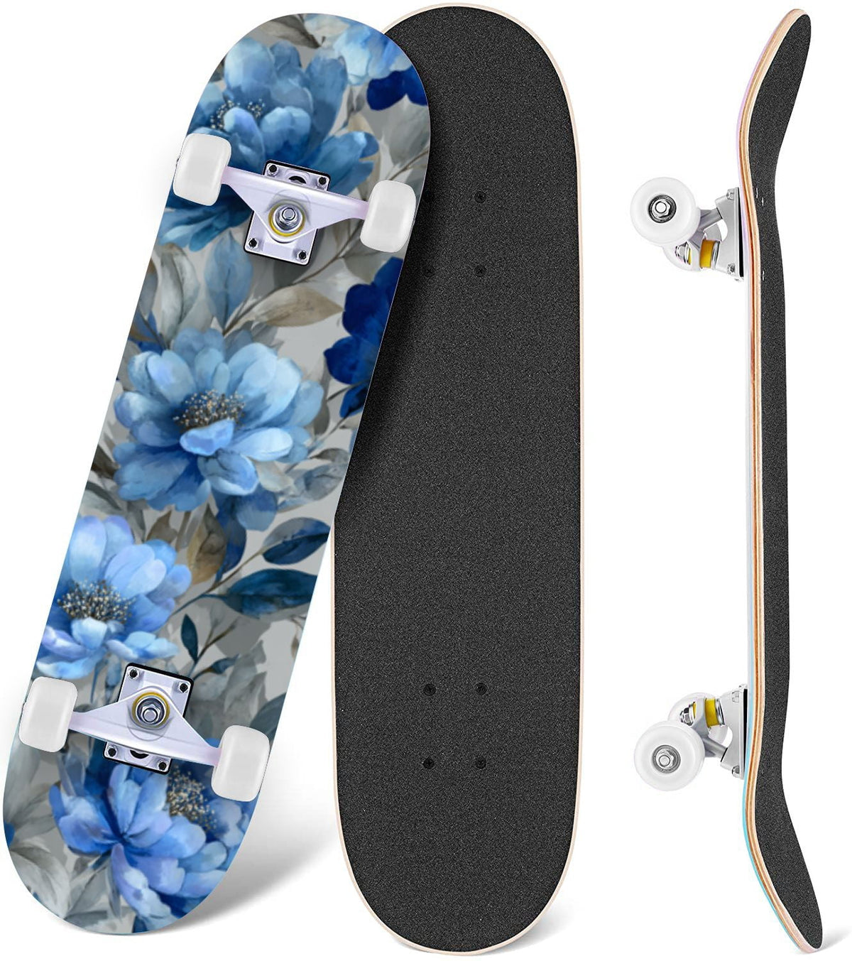 Watercolor Floral Shades Blue Grey Leaves 31" x 8" Complete Skateboard, 7-Ply Canadian Maple Double Kick Trick Board for Kids and Beginners Adult Gifts