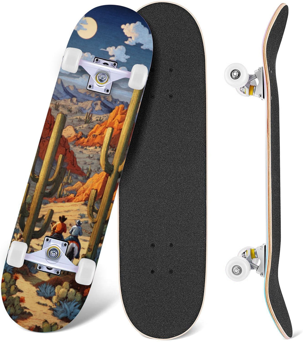 Western Cowboy Horses Desert Landscape 31" x 8" Complete Skateboard, 7-Ply Canadian Maple Double Kick Trick Board for Kids and Beginners Adult Gifts