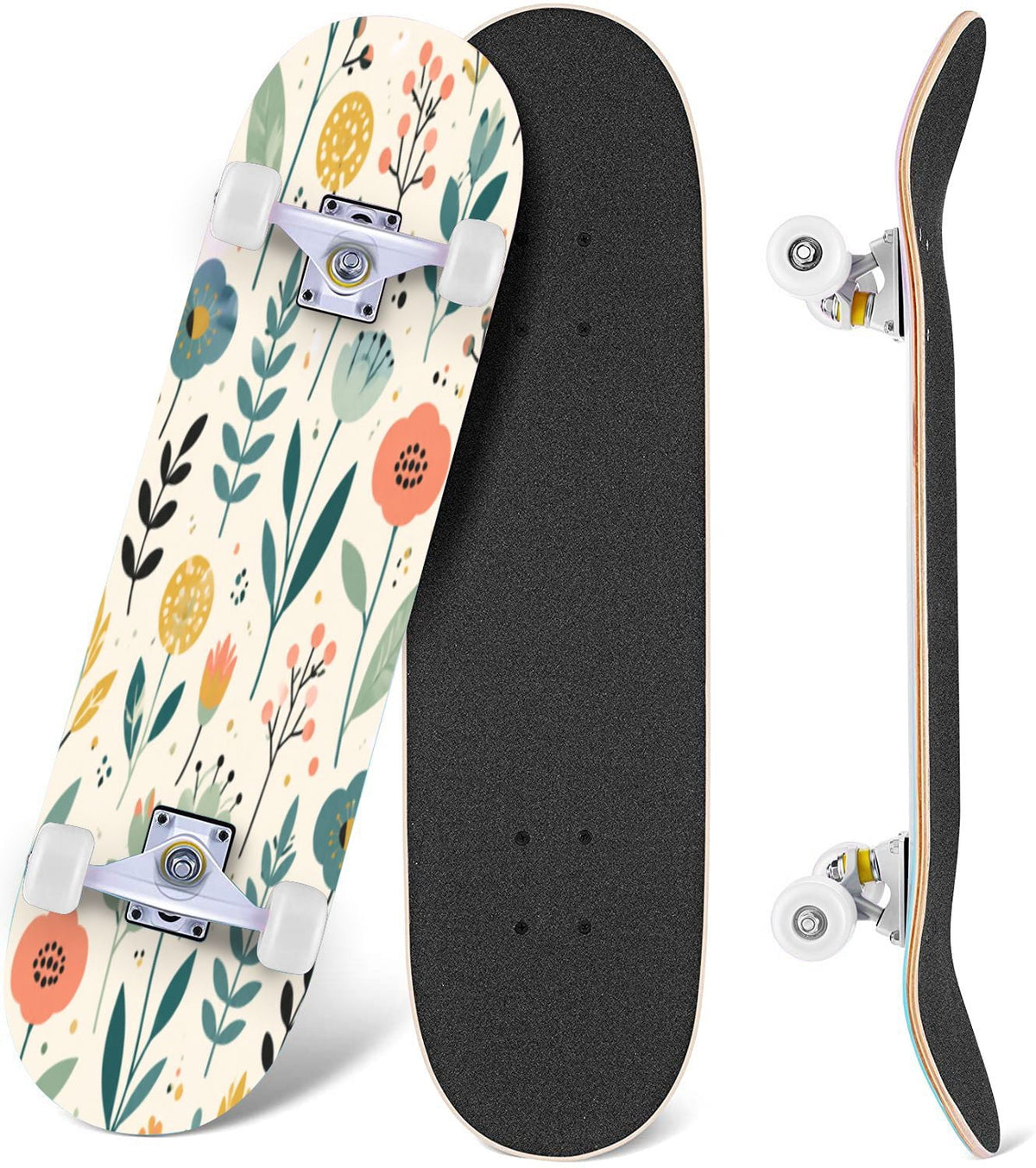 3D Nude Visual Effect Yellowish Brown Layered Chrysanthemum 31" x 8" Complete Skateboard, 7-Ply Canadian Maple Double Kick Trick Board for Kids and Beginners Adult Gifts