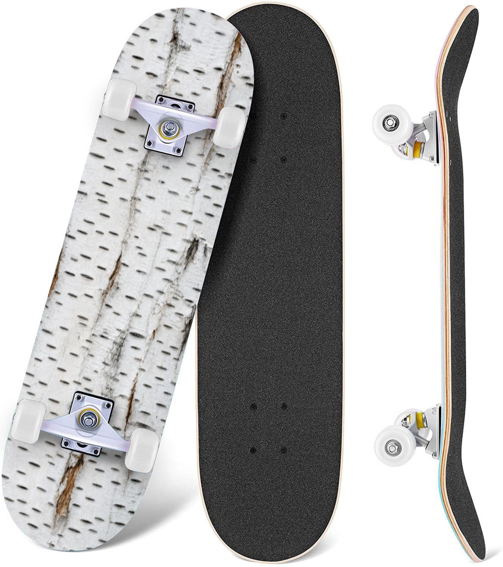 White Birch Tree Bark Natural Knots Horizontal Lines 31" x 8" Complete Skateboard, 7-Ply Canadian Maple Double Kick Trick Board for Kids and Beginners Adult Gifts