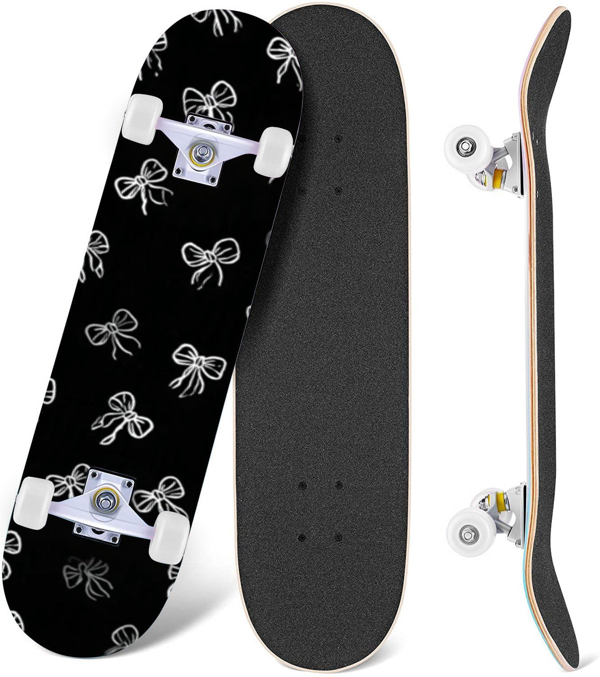 Delicate Pink Floral Ribbon Design 31" x 8" Complete Skateboard, 7-Ply Canadian Maple Double Kick Trick Board for Kids and Beginners Adult Gifts
