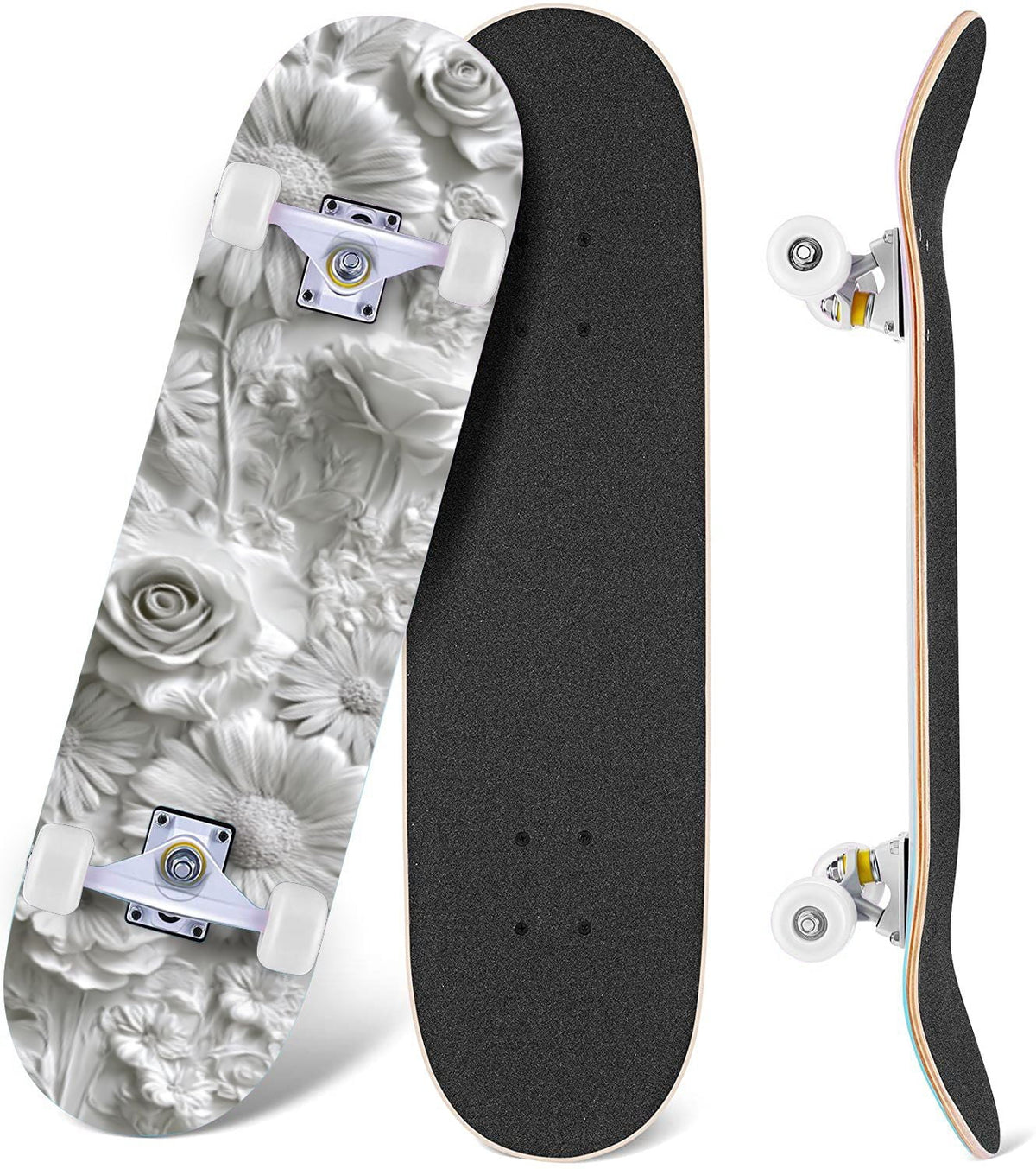 Delicate White Lotus Flowers Leaves Soft Blue 31" x 8" Complete Skateboard, 7-Ply Canadian Maple Double Kick Trick Board for Kids and Beginners Adult Gifts