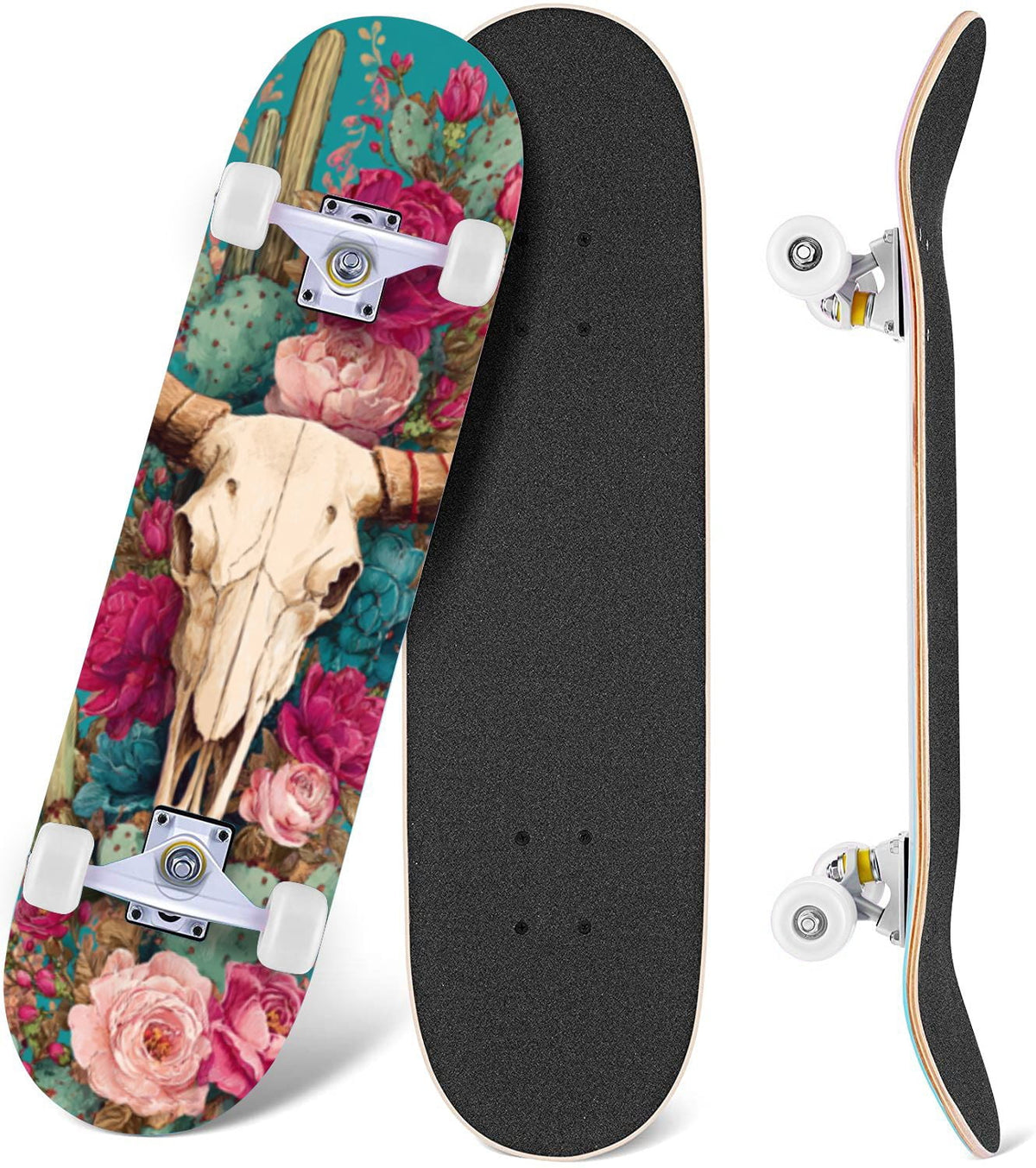 Tropical Jungle Leaf Teal Green Botanical 31" x 8" Complete Skateboard, 7-Ply Canadian Maple Double Kick Trick Board for Kids and Beginners Adult Gifts