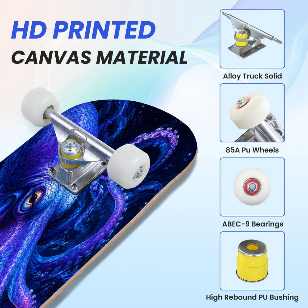 31"x8" Complete Skateboards for Beginners, Colorful Underwater Two Seahorses Coral Reefs Double Kick 7 Ply Canadian Maple Deck Skateboard with Wheels, Gifts for Kids Teens