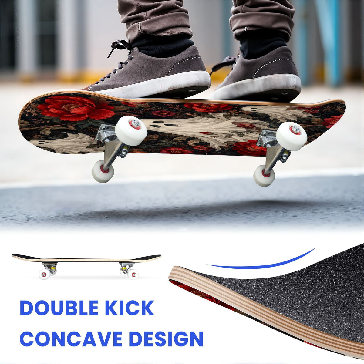 31"x8" Complete Skateboards for Beginners,Halloween Themed Pumpkins Witch Hats Spooky Double Kick 7 Ply Canadian Maple Deck Skateboard with Wheels, Gifts for Kids Teens