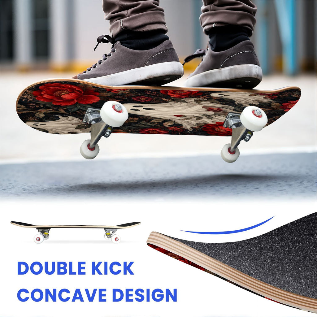 31"x8" Complete Skateboards for Beginners,Vintage Botanical Moth Autumn Leaves Mushrooms Double Kick 7 Ply Canadian Maple Deck Skateboard with Wheels, Gifts for Kids Teens