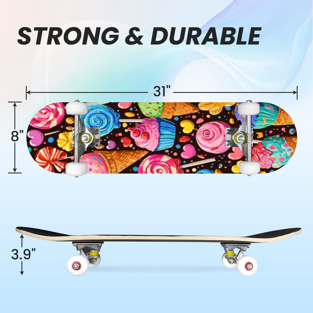 31"x8" Complete Skateboards for Beginners,Cartoon Hand Drawn Ice Cream Doodles Seamless Cones Cupcakes Double Kick 7 Ply Canadian Maple Deck Skateboard with Wheels, Gifts for Kids Teens