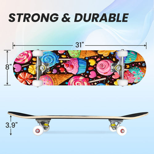 31"x8" Complete Skateboards for Beginners,Cartoon Hand Drawn Ice Cream Doodles Seamless Cones Cupcakes Double Kick 7 Ply Canadian Maple Deck Skateboard with Wheels, Gifts for Kids Teens