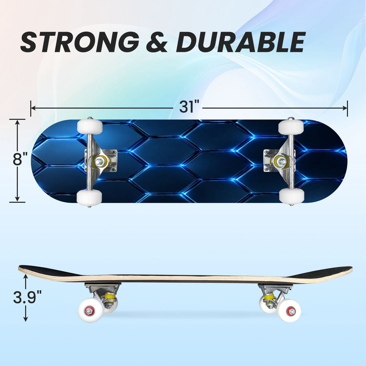 31"x8" Complete Skateboards for Beginners, Modern Abstract Hexagonal Blue Neon Glow Futuristic Double Kick 7 Ply Canadian Maple Deck Skateboard with Wheels, Gifts for Boys Teens