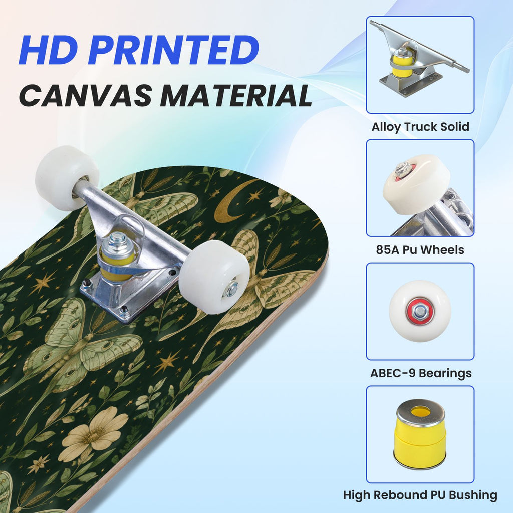 31"x8" Complete Skateboards for Beginners, Purple Floral Roses Butterfly Starry Vintage Botanical Double Kick 7 Ply Canadian Maple Deck Skateboard with Wheels, Gifts for Kids Teens