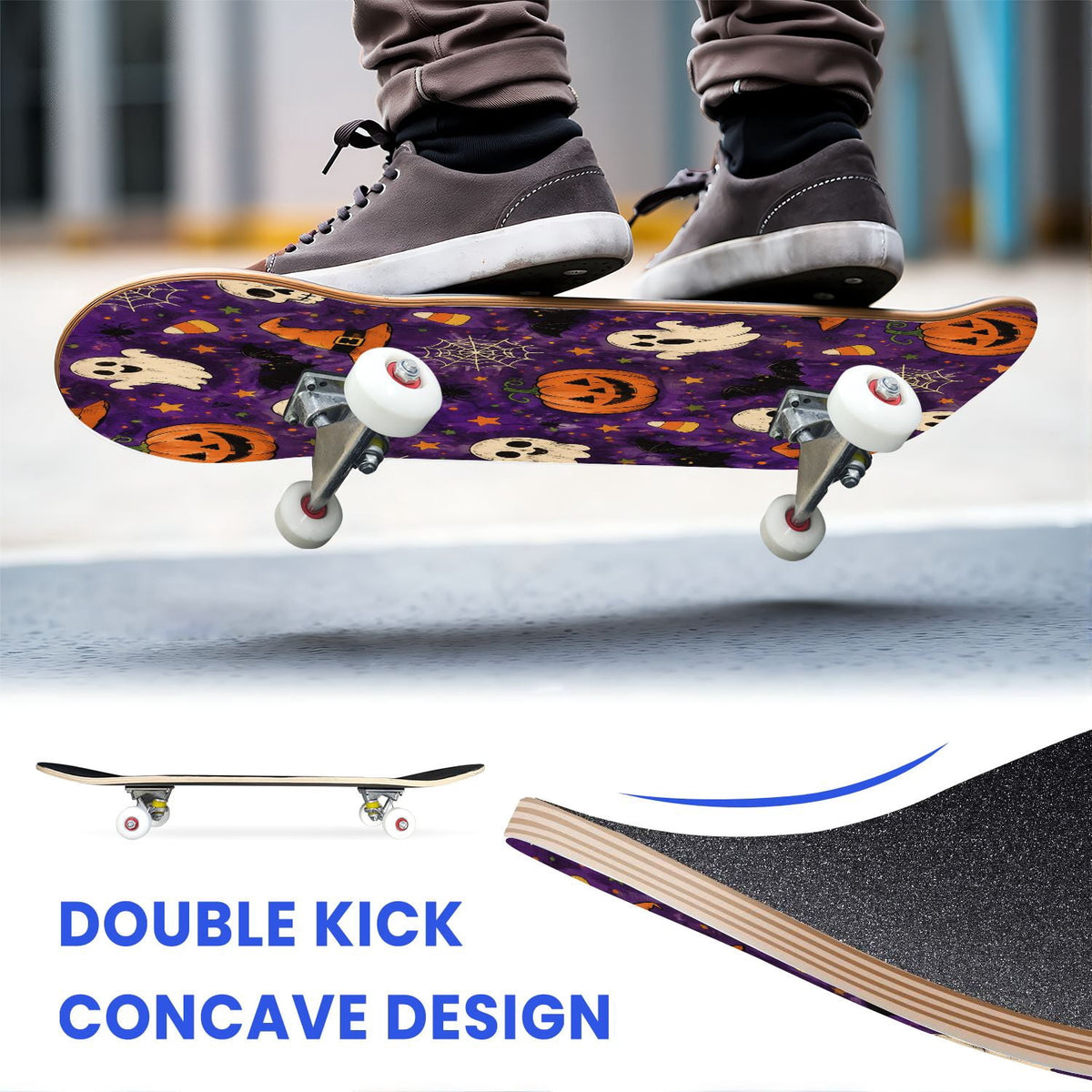 31"x8" Complete Skateboards for Beginners,Halloween Black Cats Pumpkins Ghosts Bats Beige Double Kick 7 Ply Canadian Maple Deck Skateboard with Wheels, Gifts for Kids Teens