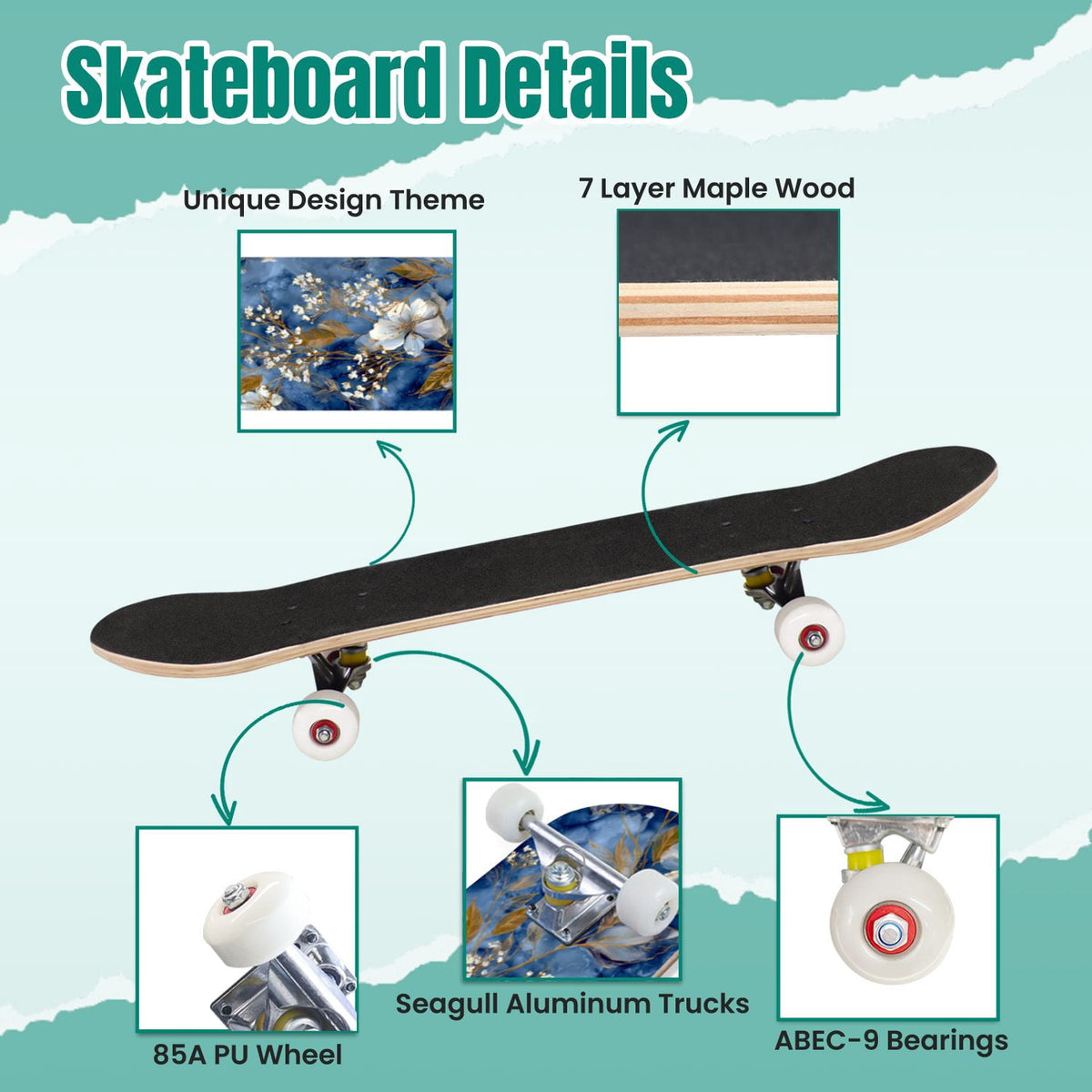 Golden Floral Line Art Seamless 31" x 8" Complete Skateboard, 7-Ply Canadian Maple Double Kick Trick Board for Kids and Beginners Adult Gifts