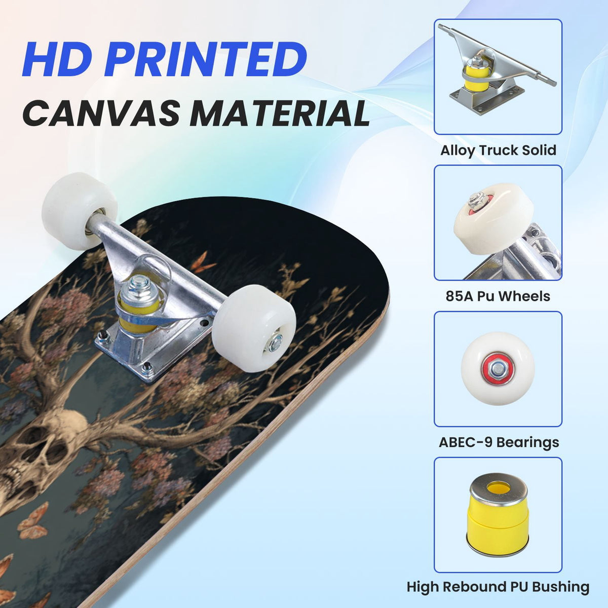 31"x8" Complete Skateboards for Beginners, Skeleton Tree Figure Antler Branches Dark Academia Flowers Double Kick 7 Ply Canadian Maple Deck Skateboard with Wheels, Gifts for Kids Teens