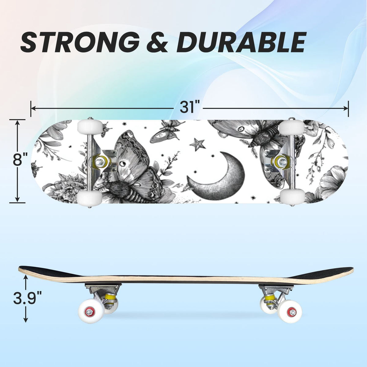 31"x8" Complete Skateboards for Beginners,Whimsical Moths Flowers Pastel Colors Stars Moon Mystical Double Kick 7 Ply Canadian Maple Deck Skateboard with Wheels, Gifts for Kids Teens