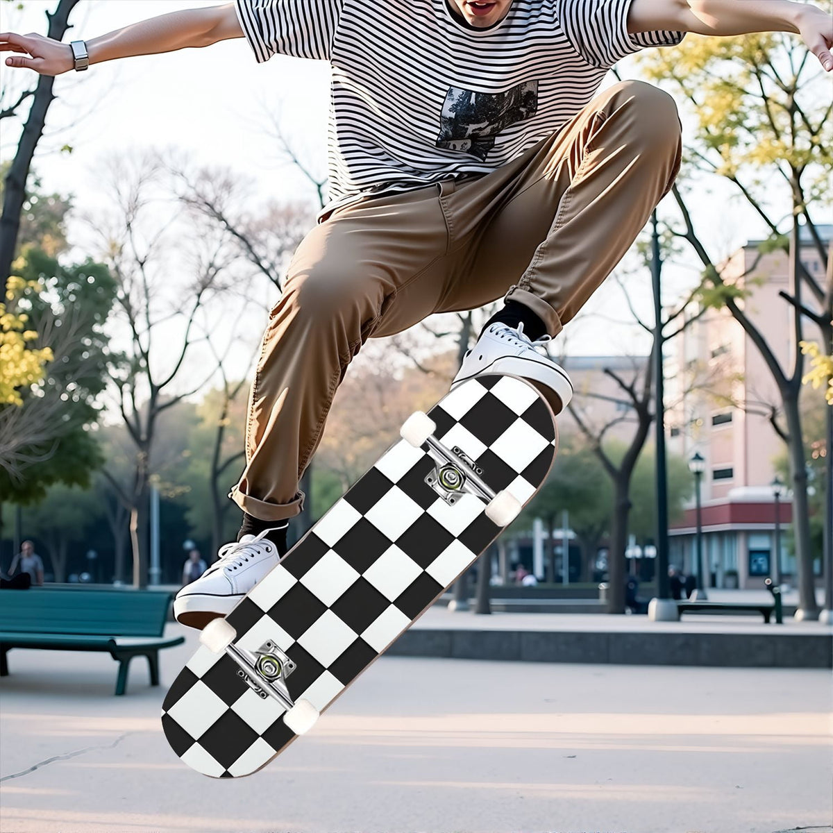 31"x8" Complete Skateboards for Beginners,Light Green White Gingham Checkered Double Kick 7 Ply Canadian Maple Deck Skateboard with Wheels, Gifts for Kids Teens