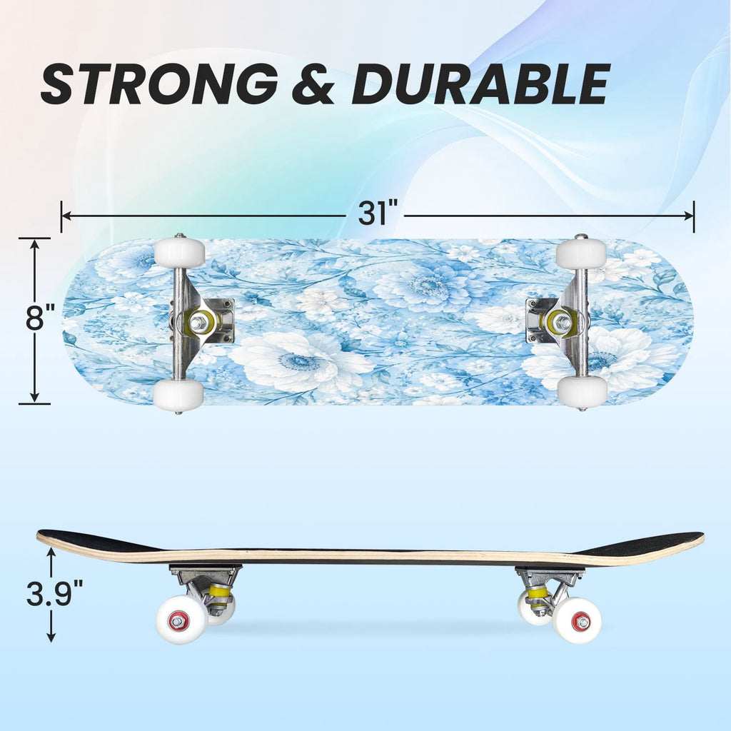 31"x8" Complete Skateboards for Beginners,Blue White Vintage Floral Roses Ornate Swirls Double Kick 7 Ply Canadian Maple Deck Skateboard with Wheels, Gifts for Kids Teens