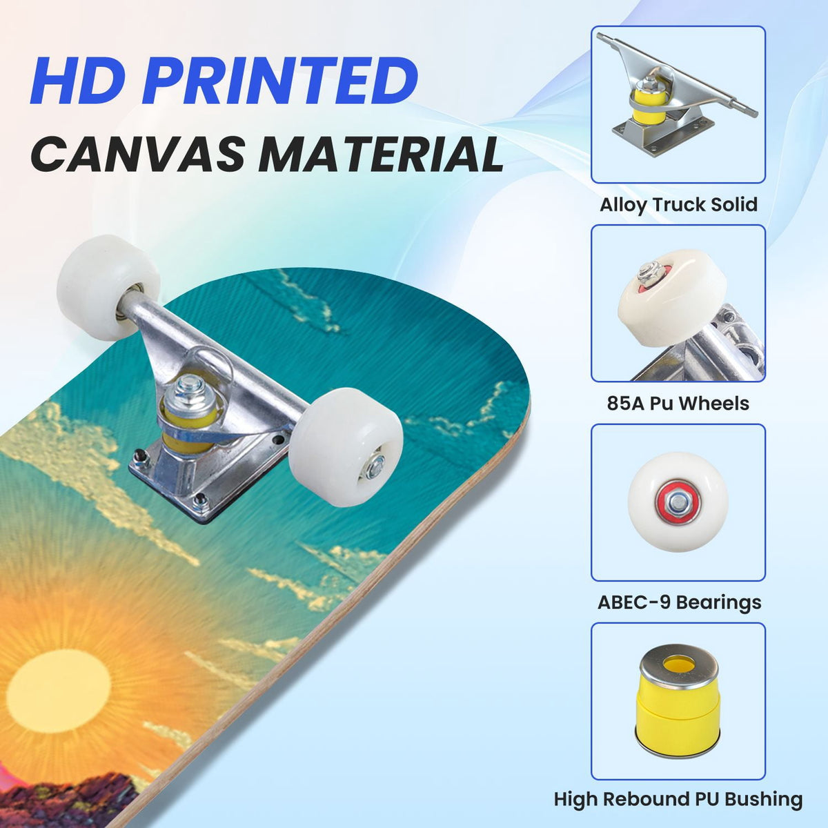 31"x8" Complete Skateboards for Beginners, Blue Deep Sea Sailing Ship Octopus Lighthouse Clouds Ocean Double Kick 7 Ply Canadian Maple Deck Skateboard with Wheels, Gifts for Kids Teens