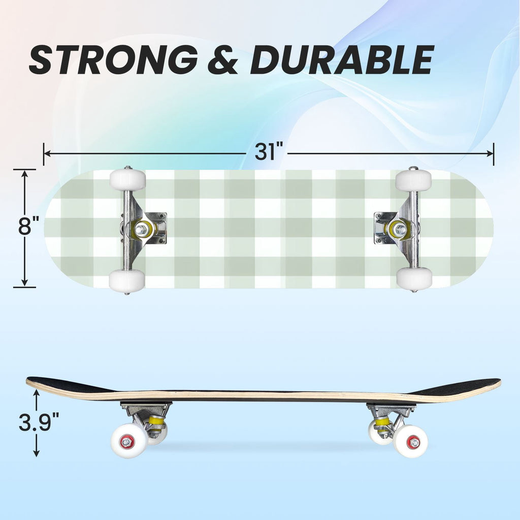 31"x8" Complete Skateboards for Beginners,Light Green White Gingham Checkered Double Kick 7 Ply Canadian Maple Deck Skateboard with Wheels, Gifts for Kids Teens