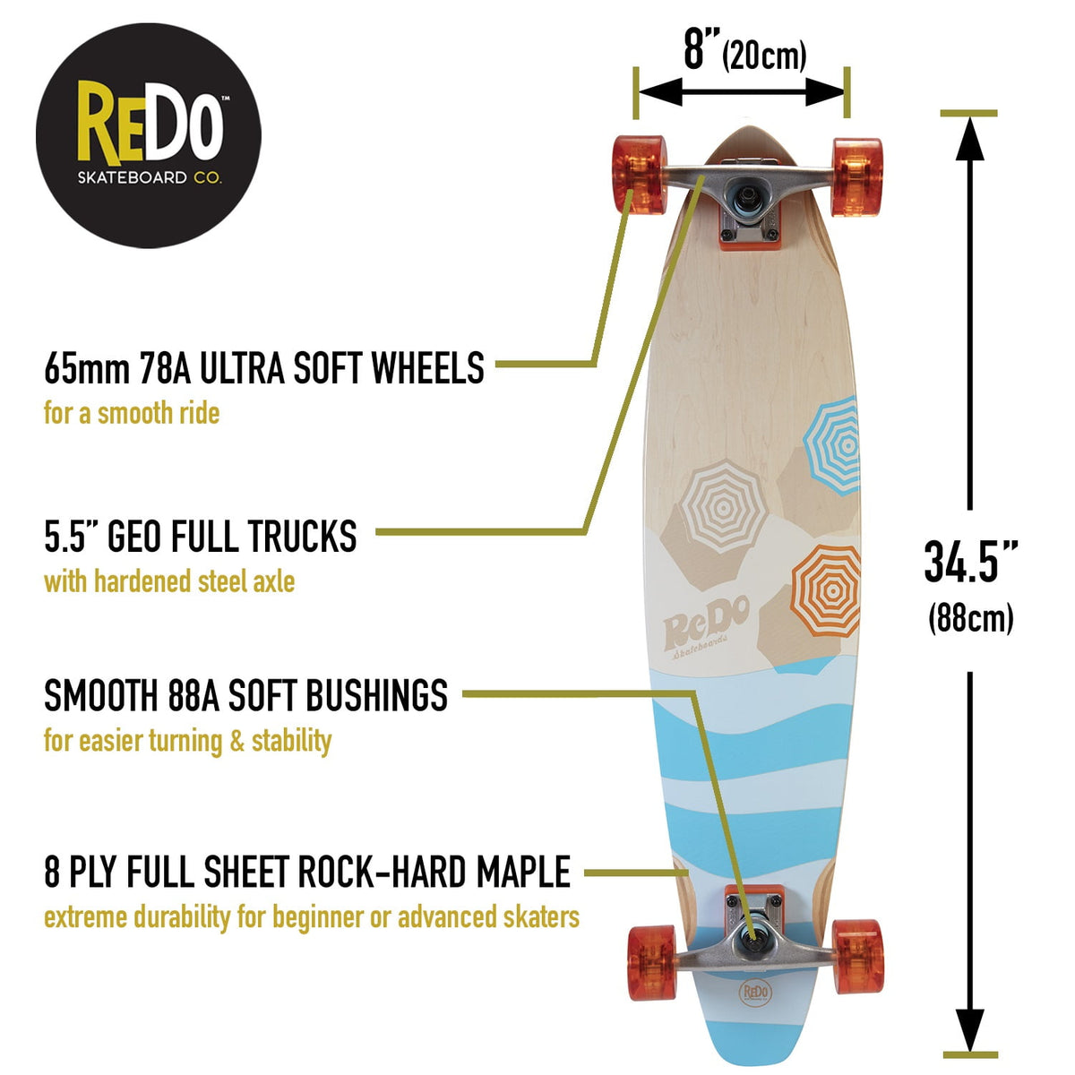 ReDo Skateboard 34.5" San Diego Umbrella Longboard for Boys Girls Kids Adults