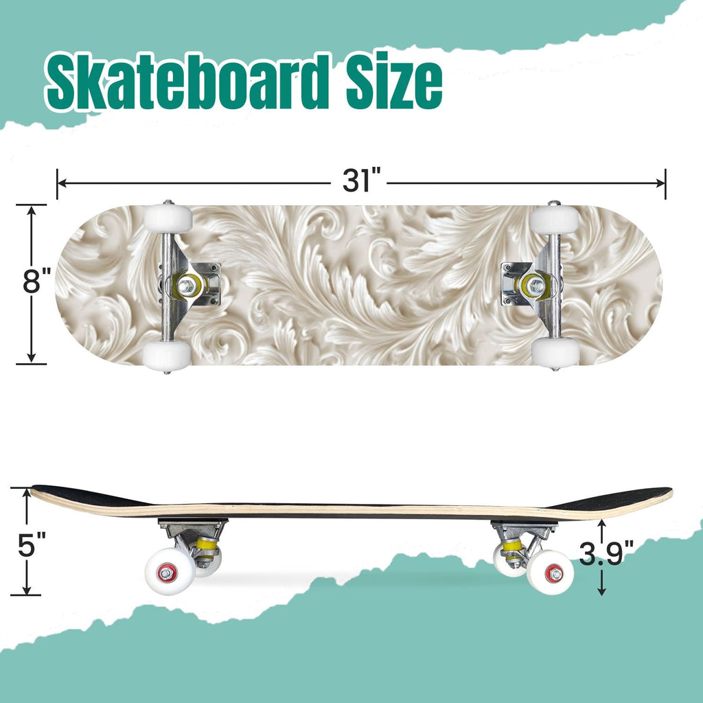 Elegant Purple Damask 31" x 8" Complete Skateboard, 7-Ply Canadian Maple Double Kick Trick Board for Kids and Beginners Adult Gifts