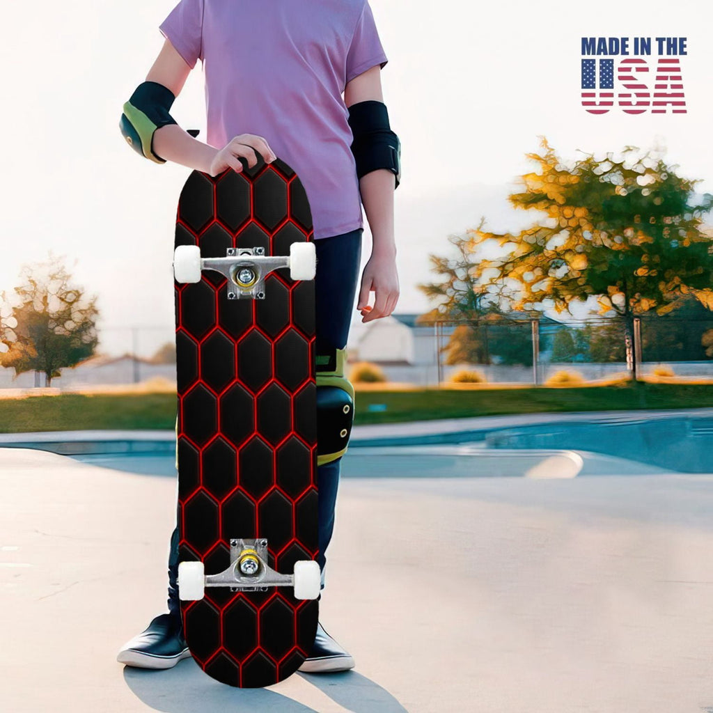 31"x8" Complete Skateboards for Beginners, Abstract Geometric Vibrant Neon Line Accents Dark Futuristic Double Kick 7 Ply Canadian Maple Deck Skateboard with Wheels, Gifts for Boys Teens
