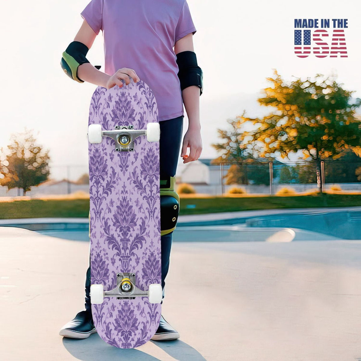 31"x8" Complete Skateboards for Beginners, Vibrant Purple Teal Floral Artwork Golden Accents Vintage Double Kick 7 Ply Canadian Maple Deck Skateboard with Wheels, Gifts for Kids Teens