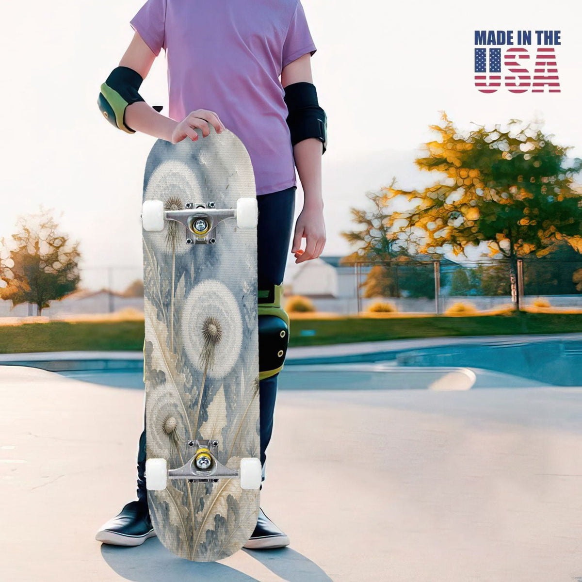 31"x8" Complete Skateboards for Beginners,Blue White Vintage Floral Roses Ornate Swirls Double Kick 7 Ply Canadian Maple Deck Skateboard with Wheels, Gifts for Kids Teens