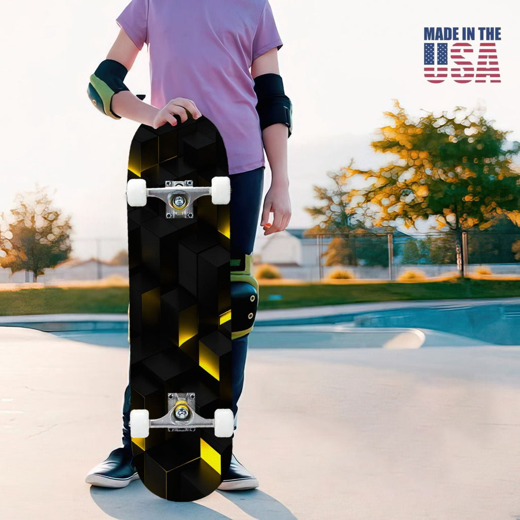 31"x8" Complete Skateboards for Beginners, Honeycomb Futuristic Hexagonal Neon Glowing Orange Light Double Kick 7 Ply Canadian Maple Deck Skateboard with Wheels, Gifts for Kids Teens