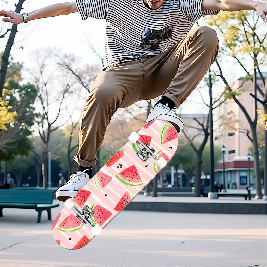 31"x8" Complete Skateboards for Beginners,Watercolor Watermelon Slices Pink Striped Double Kick 7 Ply Canadian Maple Deck Skateboard with Wheels, Gifts for Kids Teens