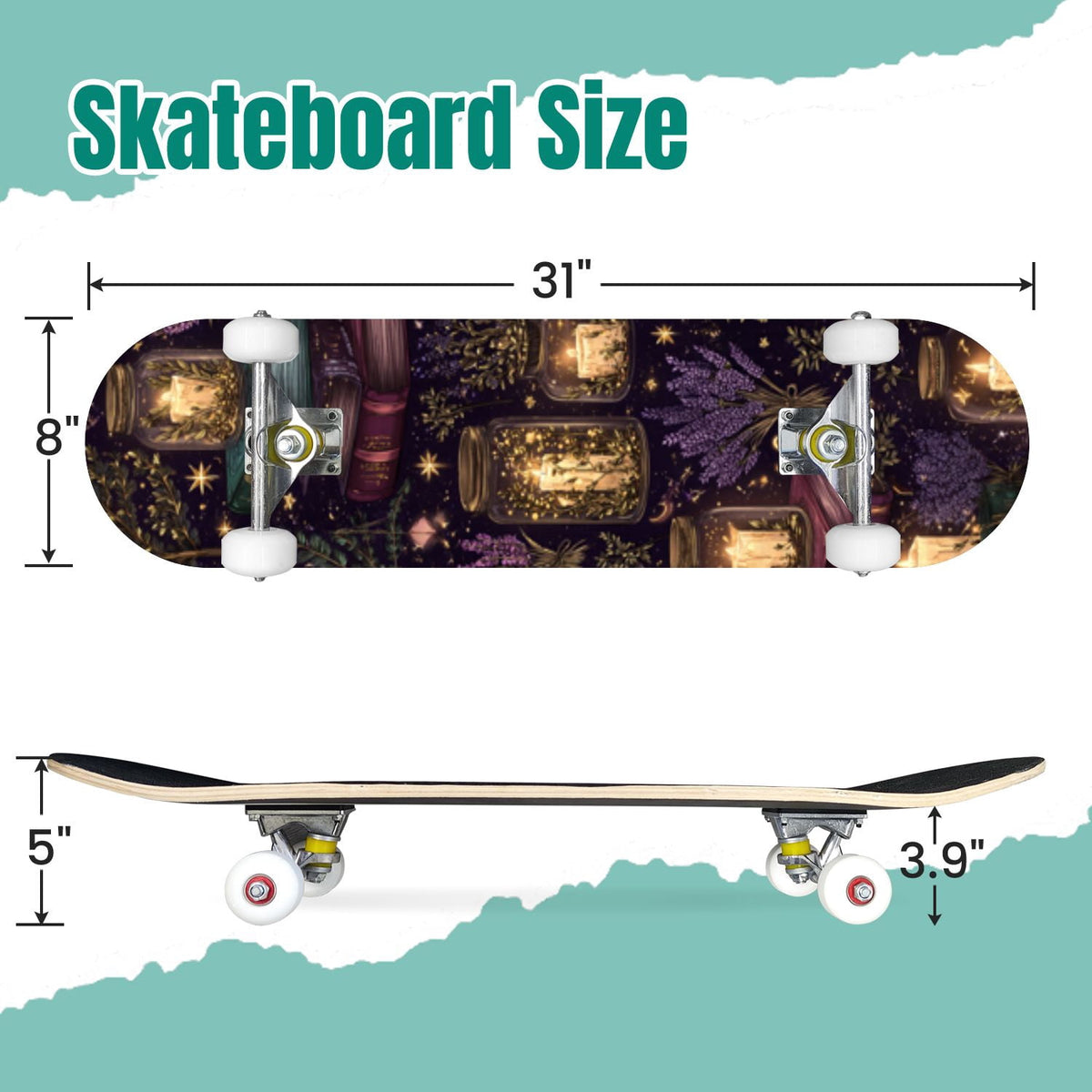 Vintage Botanical Lavender Candles Potion Bottles Green 31" x 8" Complete Skateboard, 7-Ply Canadian Maple Double Kick Trick Board for Kids and Beginners Adult Gifts